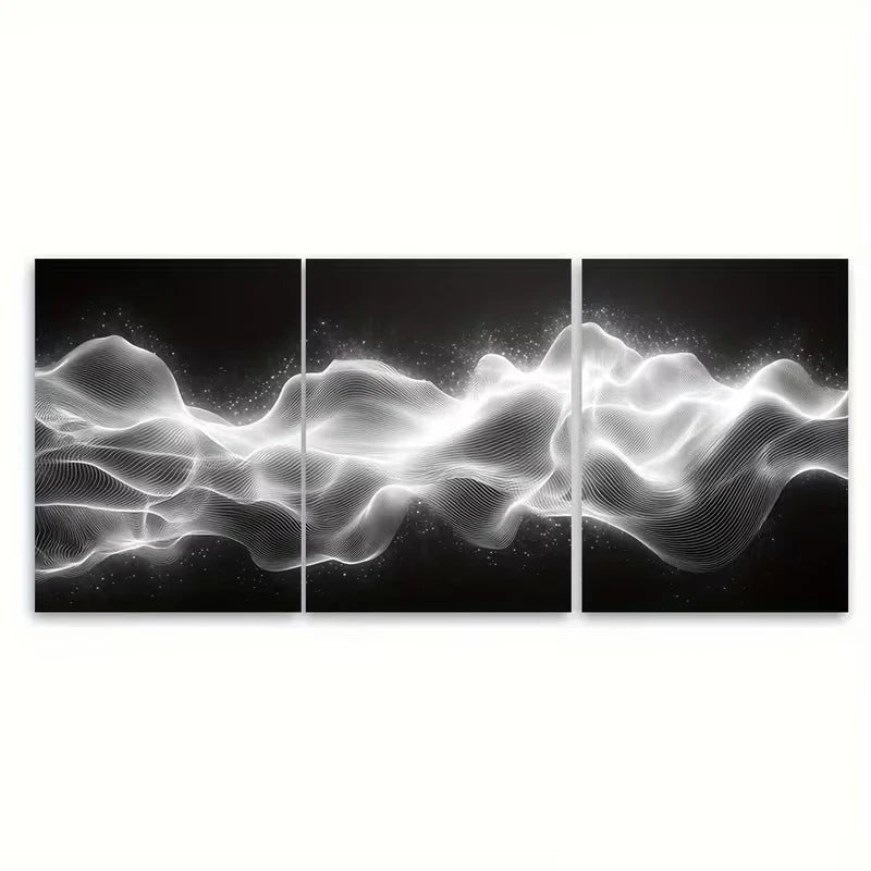 3pcs Black White Optical Wave Metal Print Ready to Hang Art - Bella Home Decor
