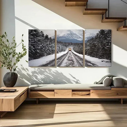 3pcs Snow Scene Steam Train Modern Vehicle Wall Art Set Canvas Unframed - High Quality Print 100% Australian Made Wall Canvas