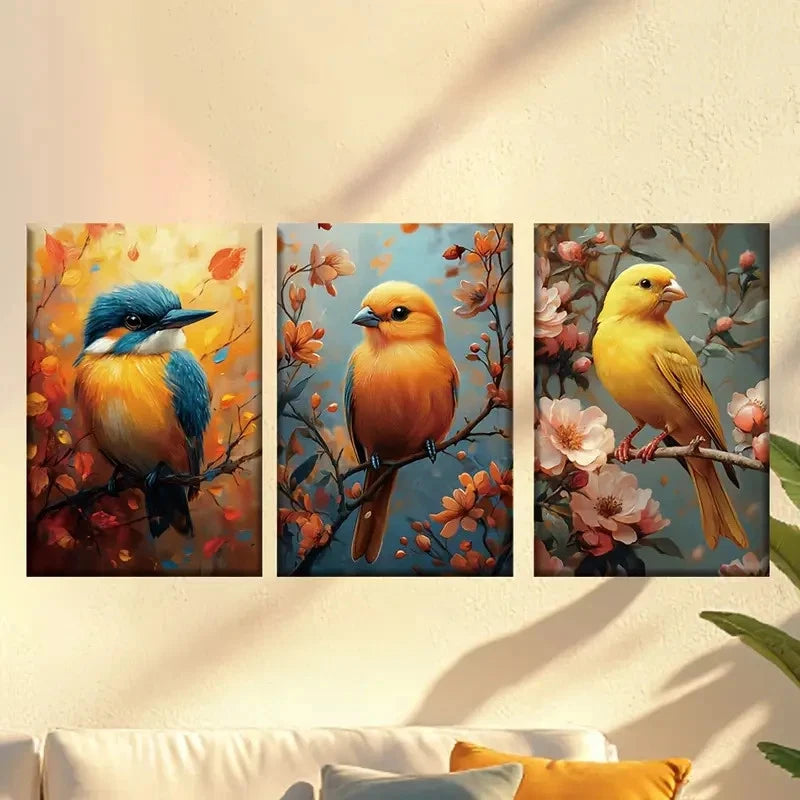 3pcs Yellow and blue birds, and a canary Wall Art Set Canvas Framed 40x60cm - High Quality Print 100% Australian Made Wall Canvas Ready to Hang