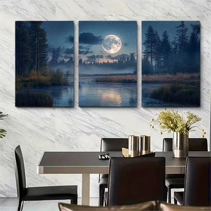 3pcs Moon Over Woodland Picture Metal Print Ready to Hang Art