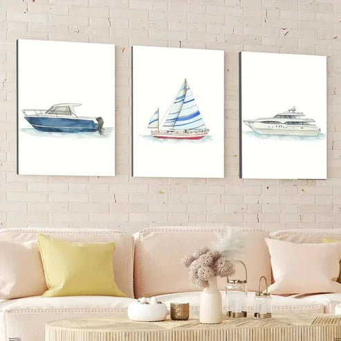 3pcs Ship Transportation Bars Designs Blue White  Wall Art Set Canvas Unframed - High Quality Print 100% Australian Made Wall Canvas