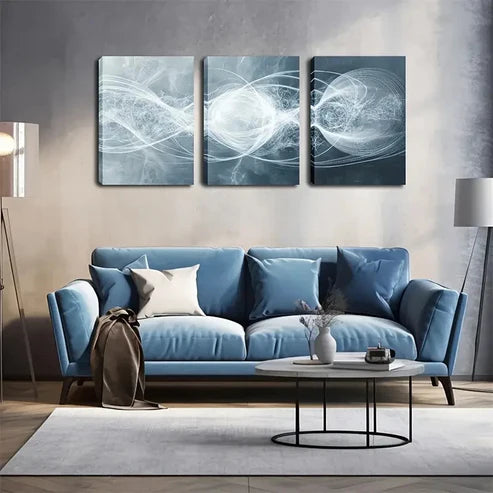 3pcs Abstract Gray, Blue, and White Swirl Design Wall Art Set Canvas Unframed - High Quality Print 100% Australian Made Wall Canvas