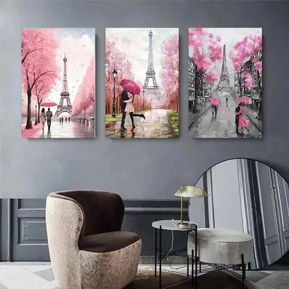 3pcs Eiffel Tower Paris Pink Umbrella Perfect Wall Art Set Canvas Framed 50x70cm - High Quality Print 100% Australian Made Wall Canvas Ready to Hang - Bella Home Decor