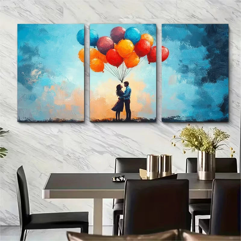 3pcs Couple in Blue Harness with Colorful Balloons Metal Print Ready to Hang Art - Bella Home Decor