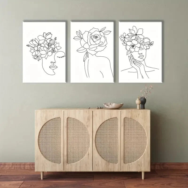 3pcs Black & White Floral Woman Illustrations Metal Print Ready to Hang Art - Bella Home Decor