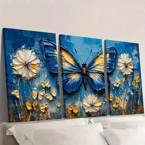 3pcs Blue Butterflies & Dandelion Flowers Wall Art Canvas Unframed - High Quality Print 100% Australian Made Wall Canvas - Bella Home Decor