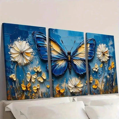 3pcs Blue Butterflies & Dandelion Flowers Wall Art Canvas Unframed - High Quality Print 100% Australian Made Wall Canvas - Bella Home Decor