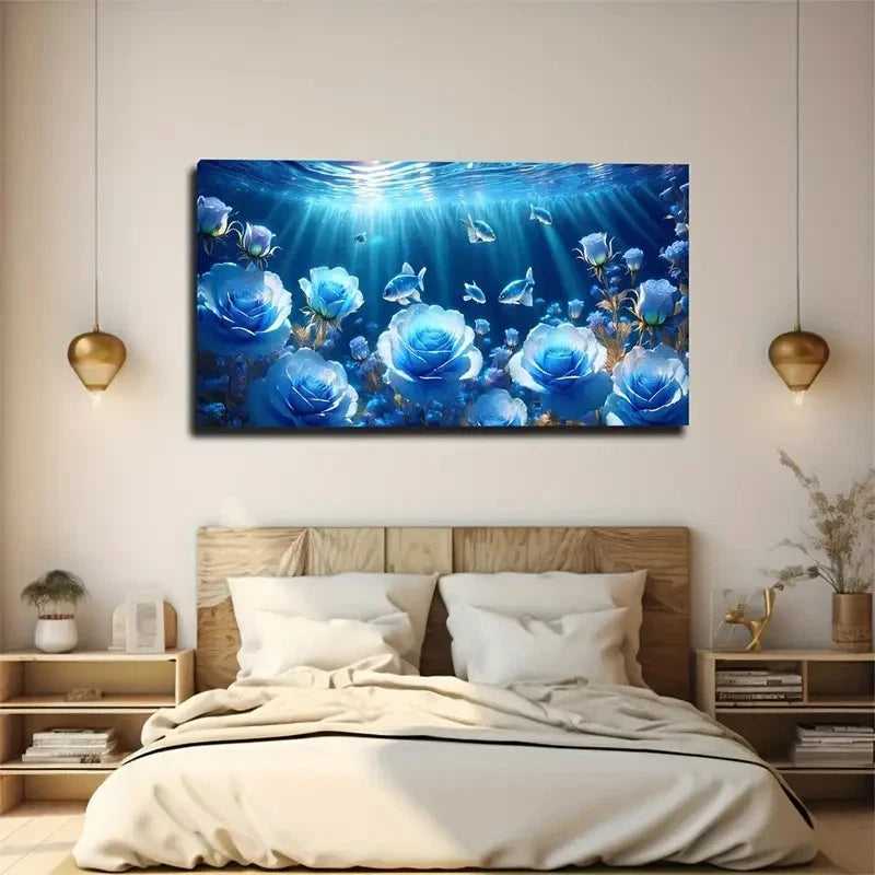 Blue Flowers And Fish Surreal Wall Art Canvas Office Home Room Framed 120x60cm