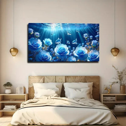 Blue Flowers And Fish Surreal Wall Art Canvas Office Home Room Framed 120x60cm