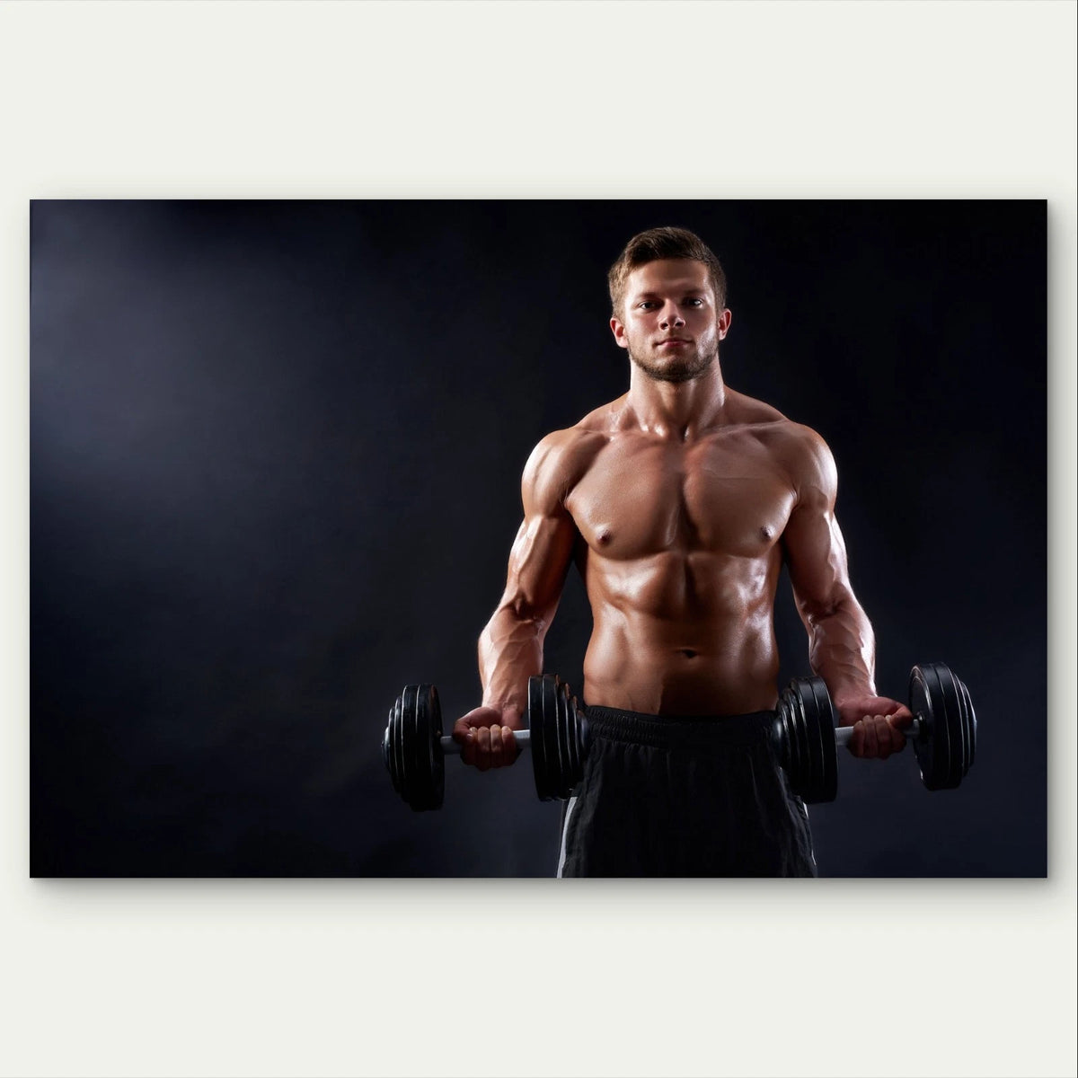 Muscular Athlete Holding Dumbbells 5mm Plastic Poster Ready to Hang 90x60cm