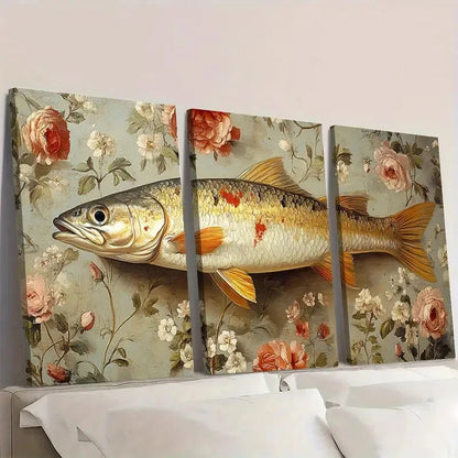 3pcs Vintage Fish Antique Inspired Botanical & Wall Art Set Canvas Framed 60x90cm - High Quality Print 100% Australian Made Wall Canvas Ready to Hang
