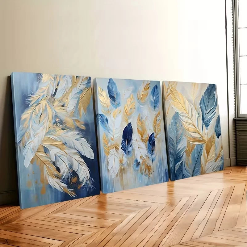 3pcs Abstract Blue And Golden Feather Wall Art Set Canvas Framed 50x70cm – High Quality Print, 100% Australian Made, Ready to Hang