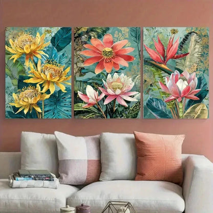 3pcs Nepal Travel Botanical Illustration Wall Art Set Canvas Framed 60x90cm - High Quality Print 100% Australian Made Wall Canvas Ready to Hang