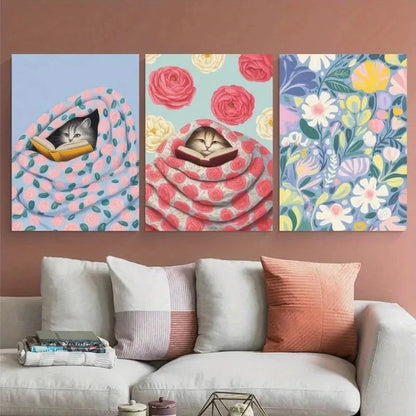 3pcs  Whimsical Cat & Floral Cozy Bedding & Decor Metal Print Ready to Hang Art - Bella Home Decor