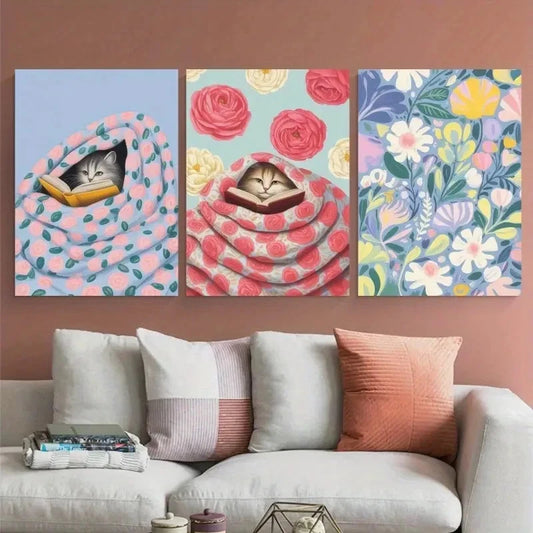 3pcs Whimsical Cat & Floral Cozy Bedding & Decor Metal Print Ready to Hang Art