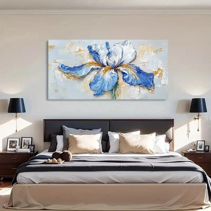 Blue Iris Floral Aesthetic Wall Art Canvas Office Home Room Framed 120x60cm - Bella Home Decor
