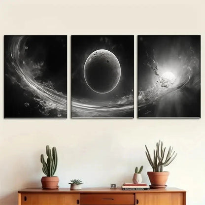 3pcs Abstract Celestial Wonders Black & White Metal Print Ready to Hang Art - Bella Home Decor