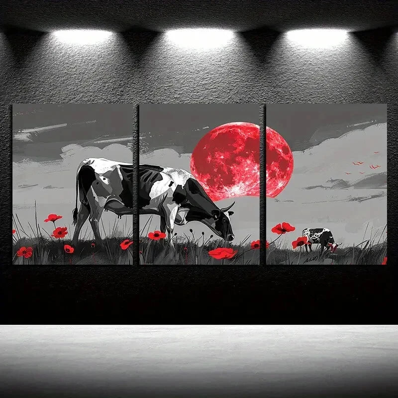 3pcs Chic Black Cow with Red Accent Illustration Metal Print Ready to Hang Art - Bella Home Decor