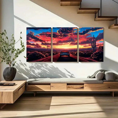 3pcs Sunset Strip & Sports Car Modern Wall Art Set Canvas Framed 60x90cm - High Quality Print 100% Australian Made Wall Canvas Ready to Hang