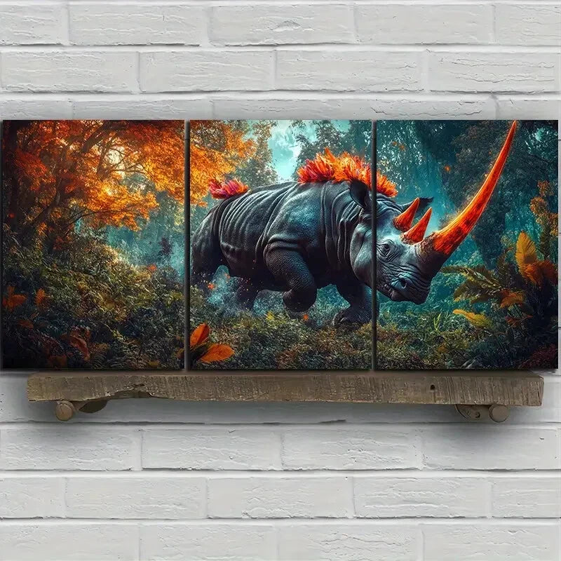 3pcs Rhino Vibrant Forest Scene Metal Print Ready to Hang Art - Bella Home Decor