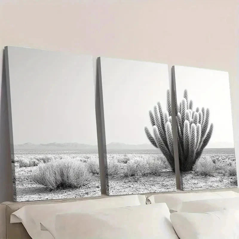 3pcs Black and White Cactus Southwest Desert U Wall Art Set Canvas Framed 60x90cm - High Quality Print 100% Australian Made Wall Canvas Ready to Hang - Bella Home Decor