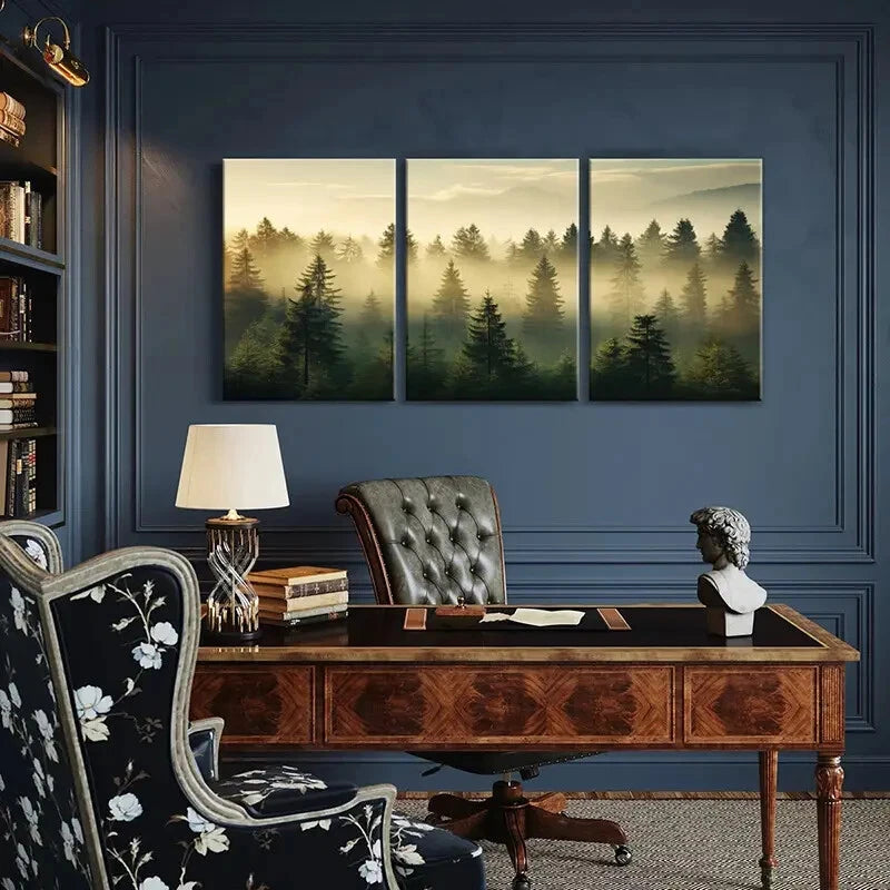 3pcs Misty Forest Landscape Pine Trees Golden Metal Print Ready to Hang Art - Bella Home Decor