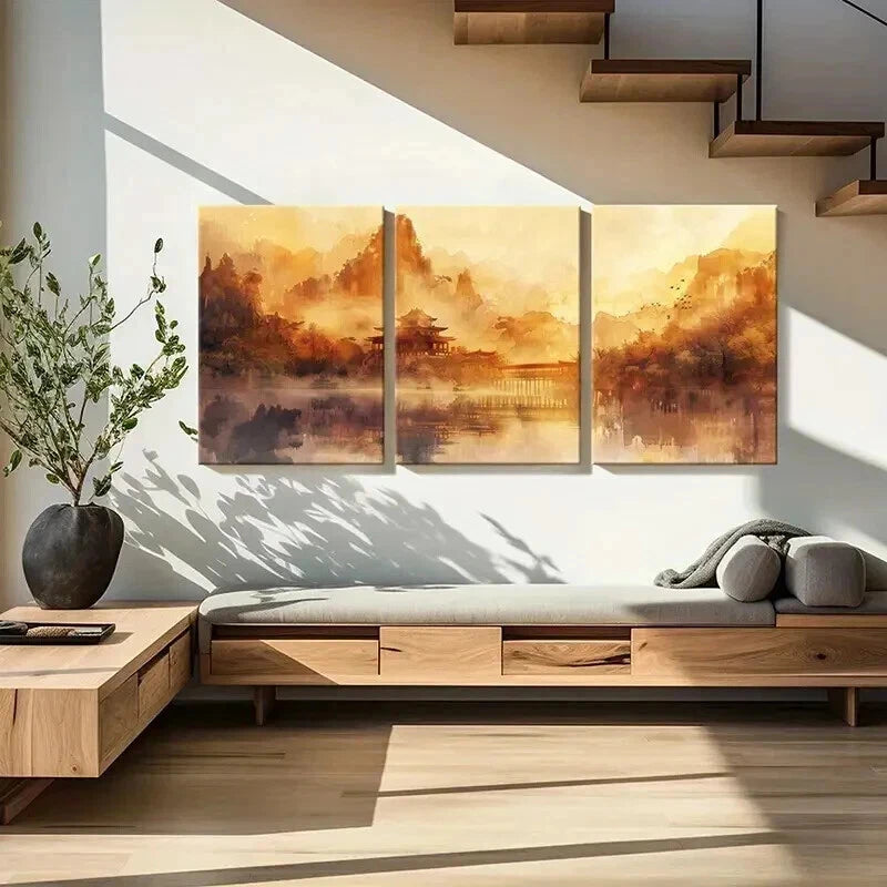3pcs Chinese Traditional Yellowish Decor Wall Art Set Canvas Framed 40x60cm - High Quality Print 100% Australian Made Wall Canvas Ready to Hang