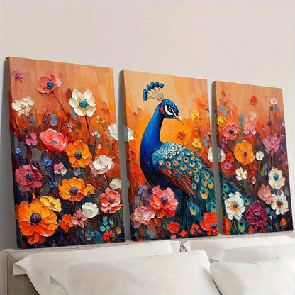 3pcs Vintage Floral Peacock Vibrant Orange Blue Wall Art Canvas Unframed – High Quality Print 100% Australian Made Wall Canvas
