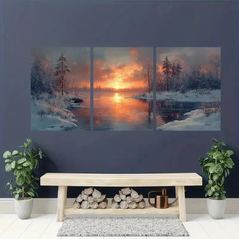3pcs Frozen Lake Sunset Landscape Painting Metal Print Ready to Hang Art - Bella Home Decor