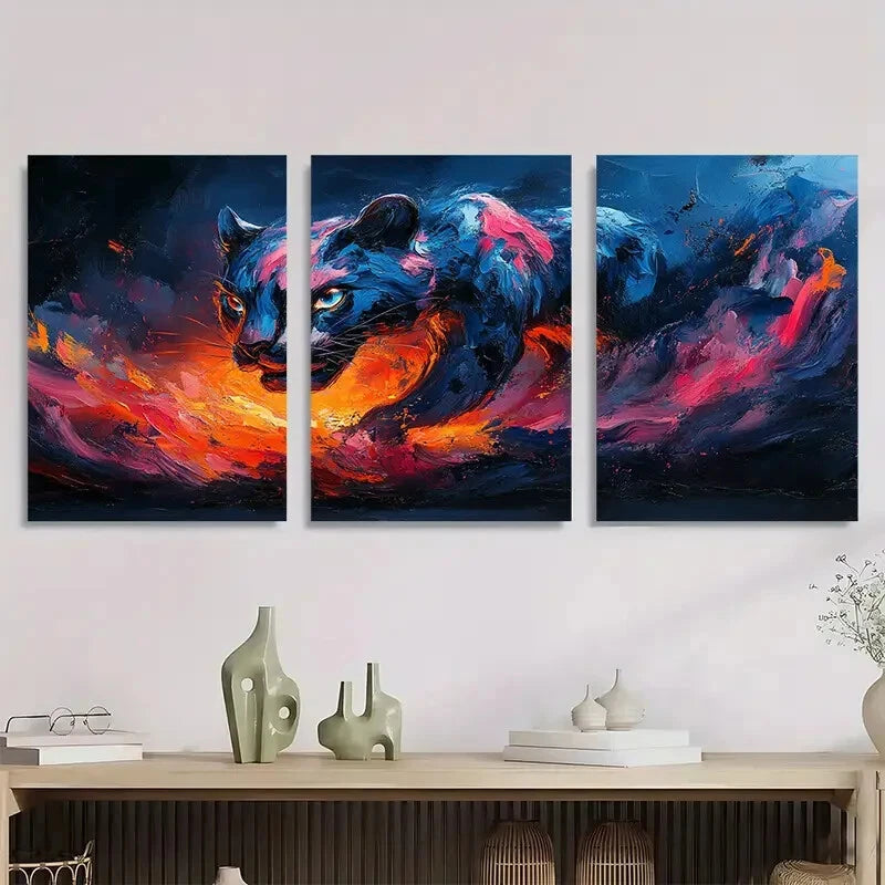 3pcs Modern Abstract Cat Vibrant Blue & Orange Metal Print Ready to Hang Art - Bella Home Decor