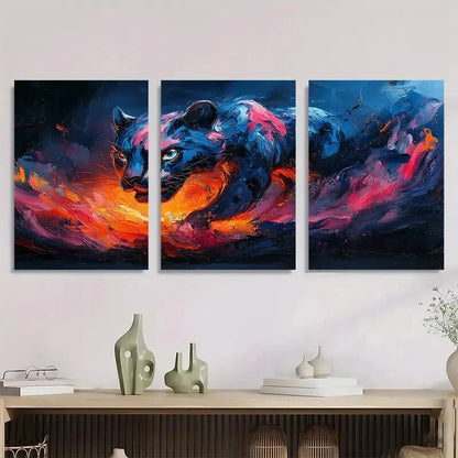3pcs Modern Abstract Cat Vibrant Blue & Orange Metal Print Ready to Hang Art - Bella Home Decor