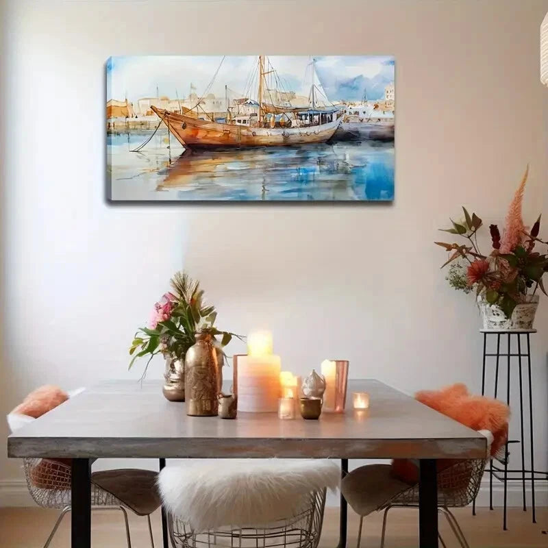 Traditional Sailboat at Harbor Wall Art Canvas Office Home Room Framed 120x60cm - Bella Home Decor