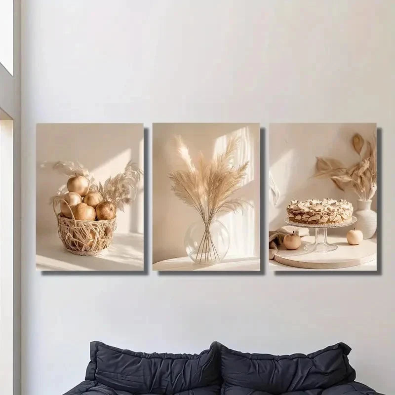 3pcs Bohemian Style Beige & White Metal Print Ready to Hang Art - Bella Home Decor