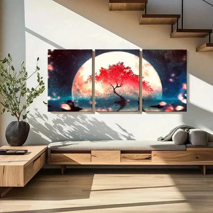 3pcs Fantasy Anime Cherry Blossom Landscape Wall Art Set Canvas Framed 50x70cm - High Quality Print 100% Australian Made Wall Canvas Ready to Hang