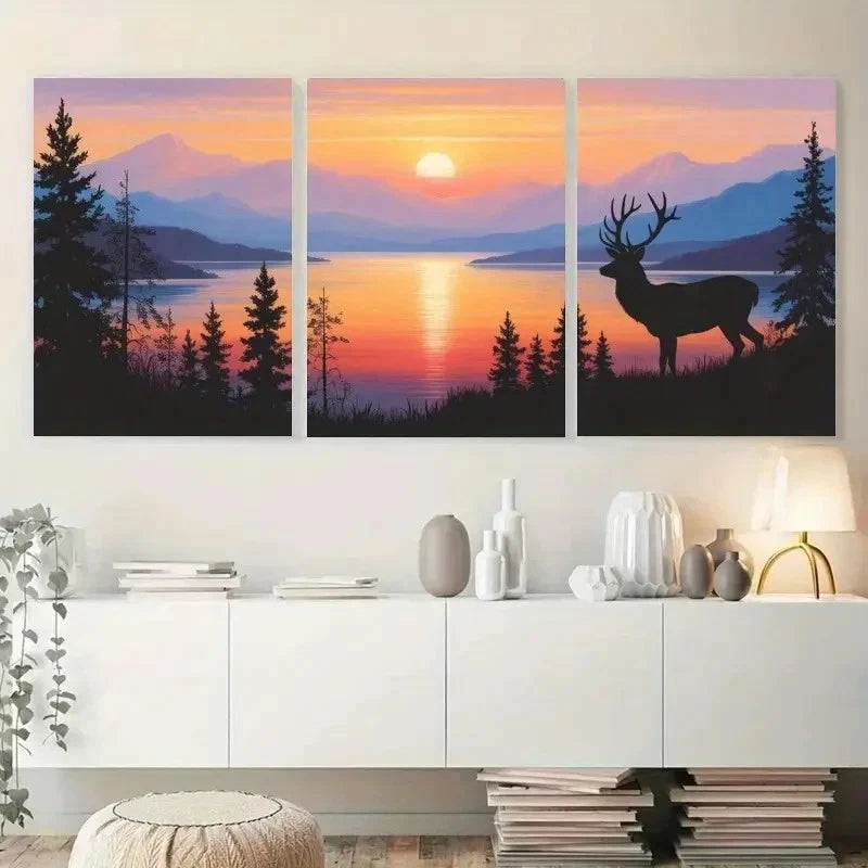 3pcs Deer Sunset Mountains Pine Trees Metal Print Ready to Hang Art - Bella Home Decor