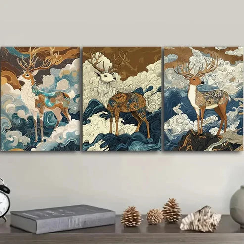 3pcs Majestic Deer with Dual Antlers Wall Art Set Canvas Unframed - High Quality Print 100% Australian Made Wall Canvas