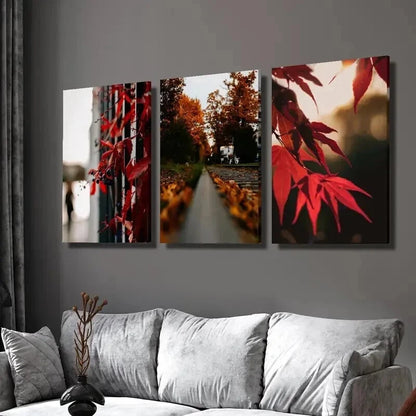 3pcs Autumn Tree Red Maple Leaves Floral Wall Art Set Canvas Framed 50x70cm - High Quality Print 100% Australian Made Wall Canvas Ready to Hang