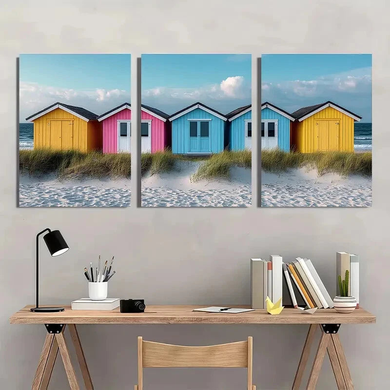 3pcs Pastel Summer Seaside Beach Huts Art Metal Print Ready to Hang Art - Bella Home Decor