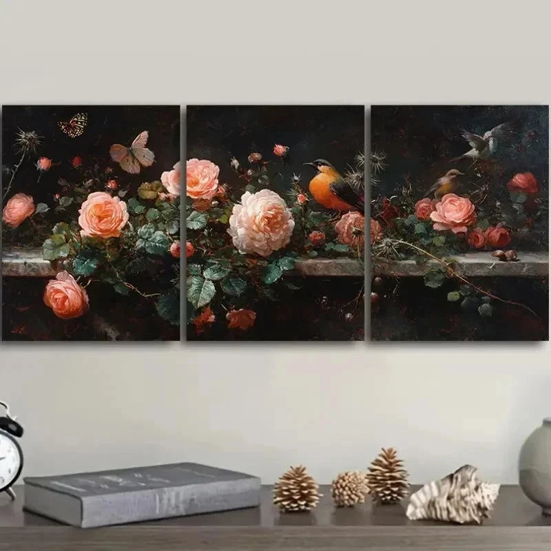 3pcs Roses Thistles and Birds Decoration Wall Art Set Canvas Framed 50x70cm - High Quality Print 100% Australian Made Wall Canvas Ready to Hang