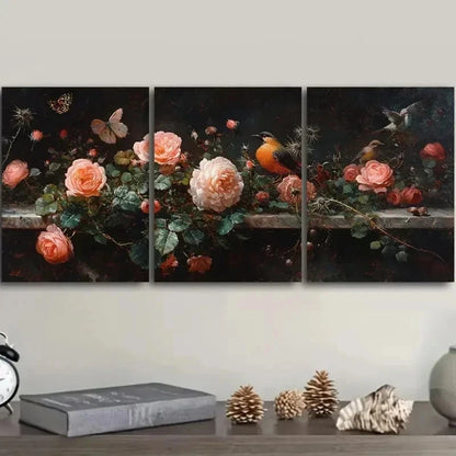 3pcs Roses Thistles and Birds Decoration Wall Art Set Canvas Framed 50x70cm - High Quality Print 100% Australian Made Wall Canvas Ready to Hang