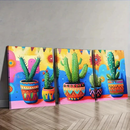 3pcs Cactus in Colorful Flower Pots Painting Wall Art Set Canvas Unframed - High Quality Print 100% Australian Made Wall Canvas - Bella Home Decor