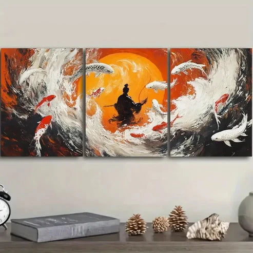 3pcs Fisherman, Koi  Wall Art Set Canvas Unframed - High Quality Print 100% Australian Made Wall Canvas