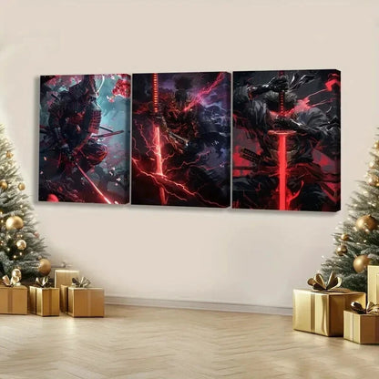 3pcs Anime Comic Vivid Color Samurai Thunder Red Wall Art Set Canvas Framed 50x70cm - High Quality Print 100% Australian Made Wall Canvas Ready to Hang