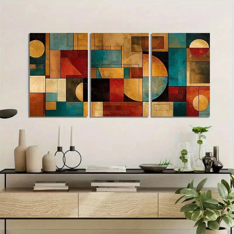 3pcs Geometric Earthy Tones Shapes Poster Metal Print Ready to Hang Art - Bella Home Decor