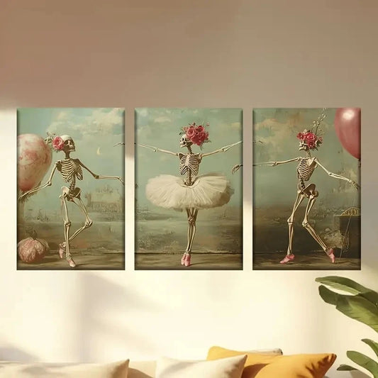 3pcs Dancing Skeleton Ballet Dancers Wall Art Set Canvas Framed 40x60cm - High Quality Print 100% Australian Made Wall Canvas Ready to Hang