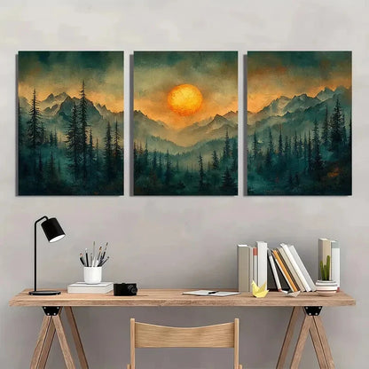3pcs Sunset Mountains Trees & Sunset Scenery Metal Print Ready to Hang Art - Bella Home Decor