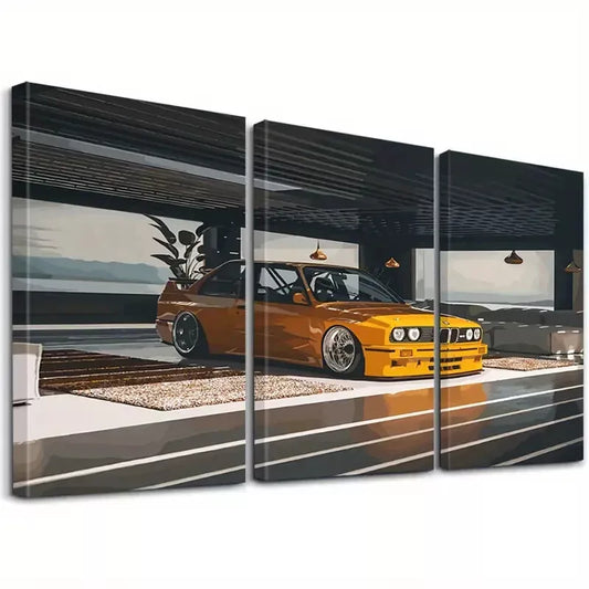 3pcs Retro Minimalist Vintage Yellow Sports Car Wall Art Set Canvas Framed 50x70cm - High Quality Print 100% Australian Made Wall Canvas Ready to Hang