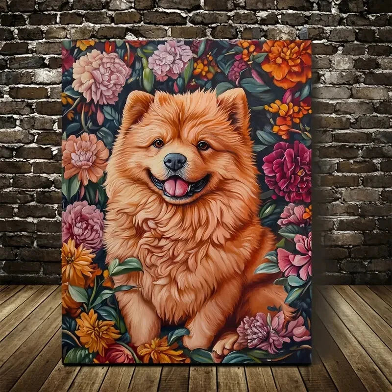 Cute Chow Chow Dog with Vibrant Flowers 40x60cm Metal Print Ready to Hang
