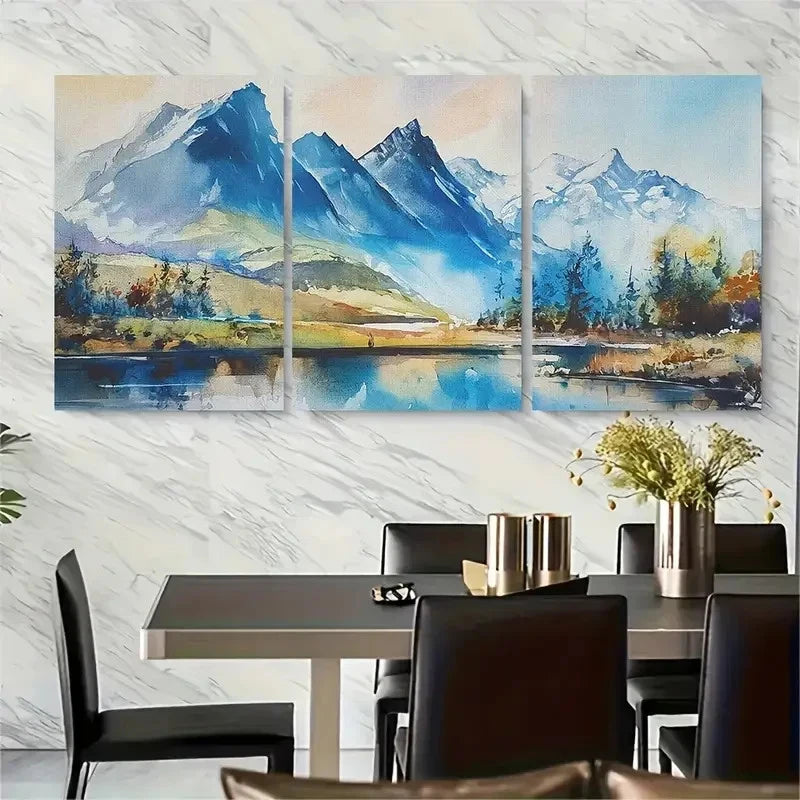 3pcs , Watercolor Snowy Mountain Metal Print Ready to Hang Art - Bella Home Decor