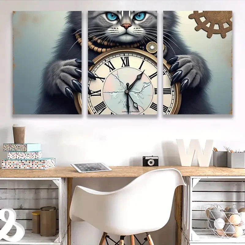 3pcs Grey Cat with Pocket Watch Spray Paint Art  Wall Art Set Canvas Framed 50x70cm - High Quality Print 100% Australian Made Wall Canvas Ready to Hang - Bella Home Decor